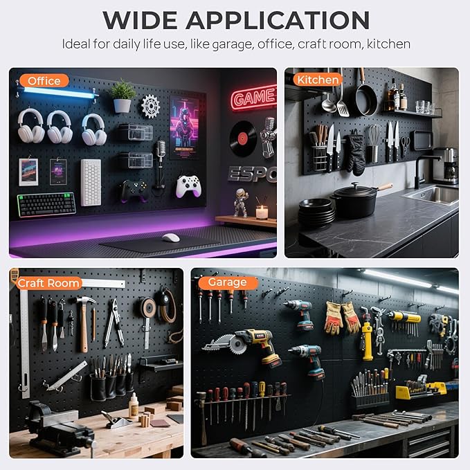 INCLY 70PCS Pegboard Wall Organizer, 4 Pack Metal Peg Board Panels with 1/4" Pegboard Hooks Accessories Kit, Black Peg Board for Walls Home, Garage Tool Storage, Workbench Organization