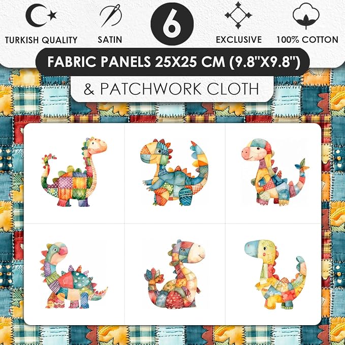 Patchwork Dinosaur Cotton Fabric Panel – 6 Designs + Bonus Sheet 29.5×19.6 inch - Image 3