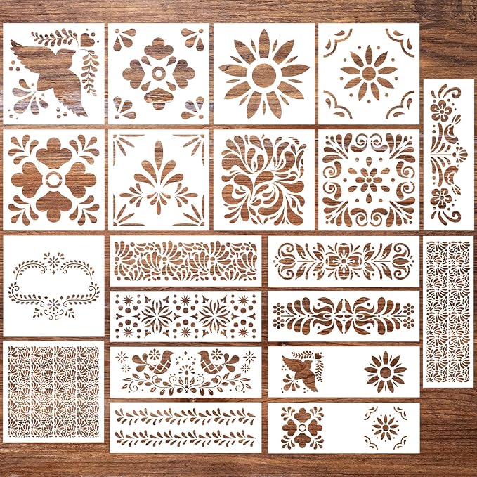 Marspark 20 Pcs Talavera Stencil Floral Folk Mexican Stencils Flower Border by Marspark