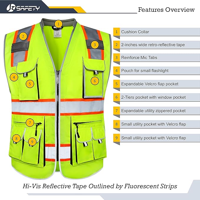 JKSafety 10 Pockets Class 2 Hi-Vis Zipper Front Yellow Safety Vest | Cushioned Collar | High Reflective Tapes with Extended Neon Orange Strips | Meets ANSI/ISEA Standards (5X-Large, 89-Yellow)