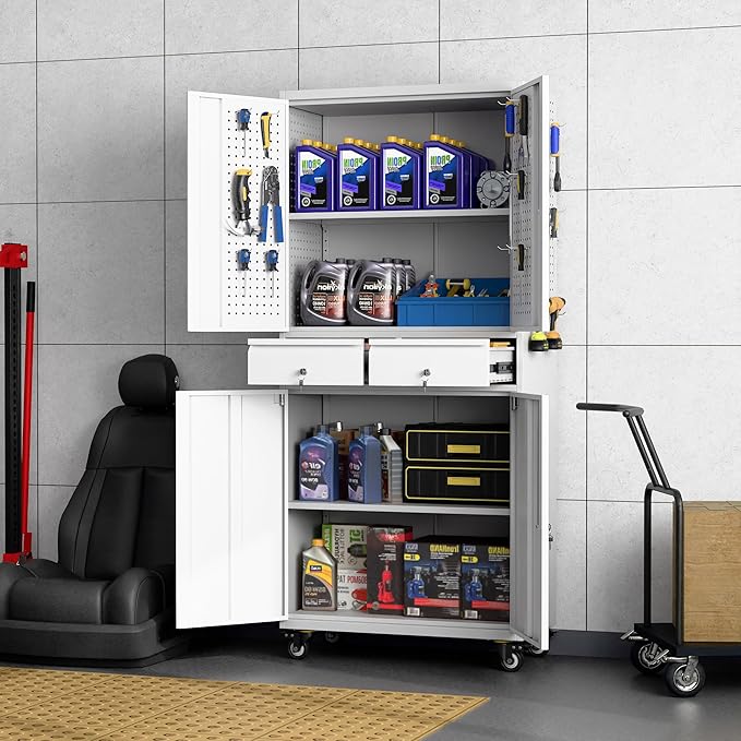 Garage Storage Cabinet with Wheels, Metal Storage Cabinet with 2 Drawers and 2 Adjustable Shelves, Metal Lockers with Pegboards for Homes, Offices, Kitchens, and Pantries, Gray and White
