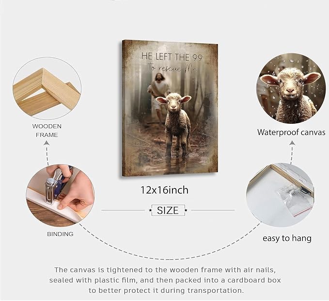Framed Jesus Saves the Lost Lambs Canvas Wall Art Jesus Leaves 99 Sheep Picture - Image 3