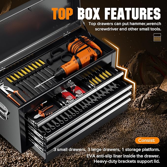 Crownland 8-Drawer Rolling Tool Chest with Wheels, Lockable 2 in 1 Detachable Tool Cabinet wit Drawers and Black Liners, Garage Top Toolbox & Bottom Storage Cart with Side Hooks(Black)