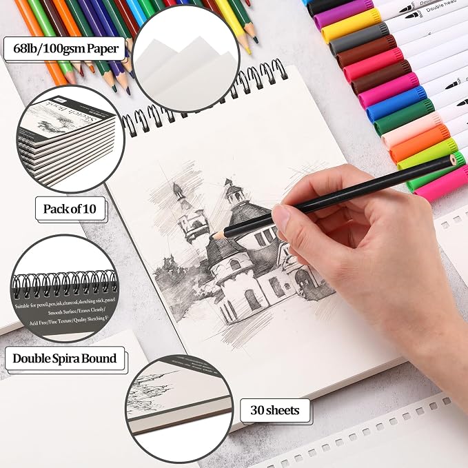 Jexine 60 Pcs 5.5'' x 8.5'' Top Spiral Bound Sketch Book 30 Sheet Each - Image 4
