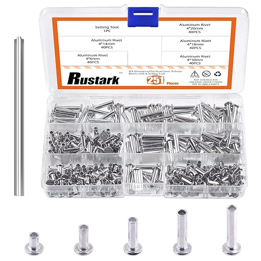 251Pcs 5 Sizes M4 Aluminum Flat Head Semi Tubular Rivets Assortment Kit with Punch, Partial Hole Tubular Rivets Round Flat Head Semi Tubular Rivet Silver Tone for Household Industry Repairing