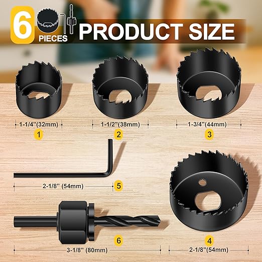 6PCS Hole Saw Kit, Hole Saw Set Includes 4 Sizes 1-1/4" to 2-1/8"(32-54mm), Mandrels and Hex Key，High Quality Hard Carbon Steel Hole Saw for Soft Wood, PVC Board, Plywood