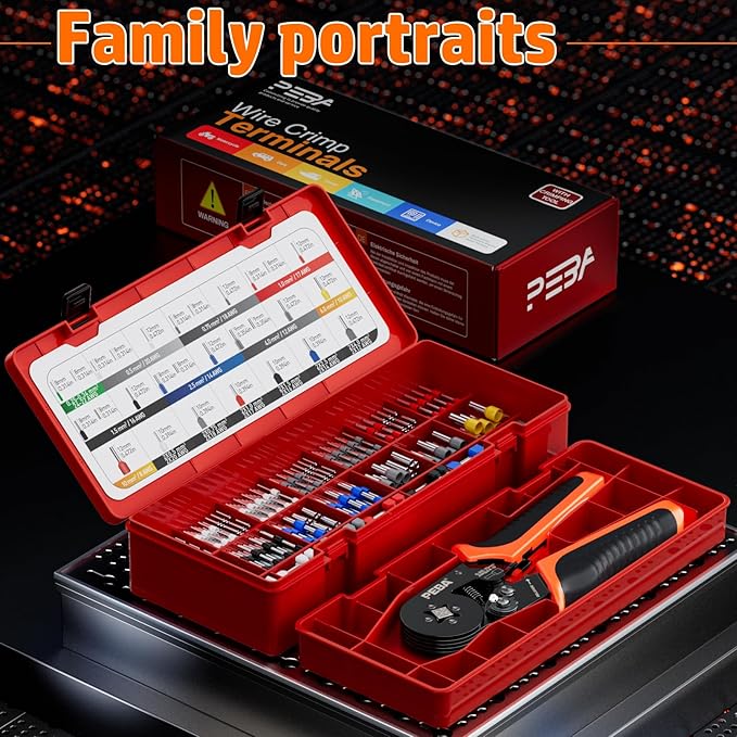 PEBA Ferrule Crimping Tool Kit, Square Pliers AWG28-7 & 28 Sizes Ferrules(AWG24-8) for Electrical Wiring/DIY Terminals | Self-Adjusting Ratchet Crimper - Copper Ferrule Kit