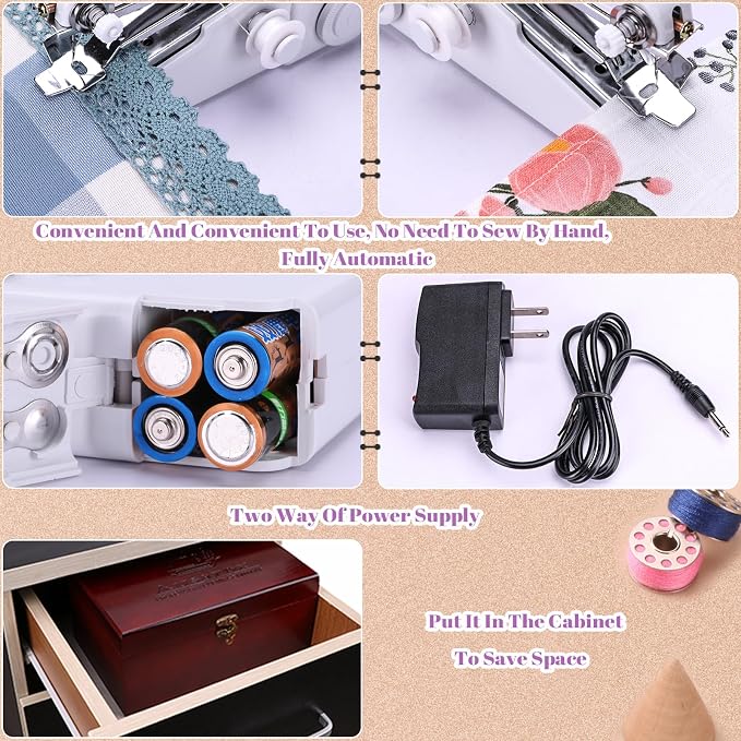 Handheld Sewing Machine, with Elegant Wooden Sewing Box and 153-Piece Sewing Kit - Image 4