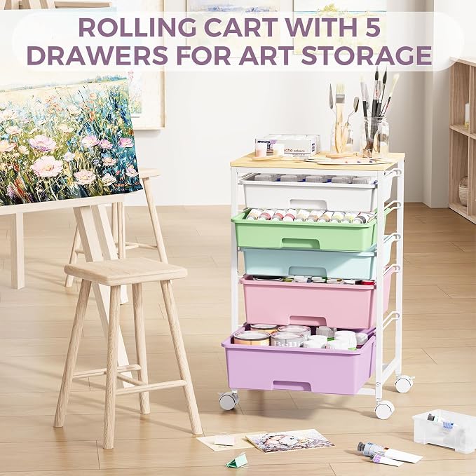 SYKIARIOL 5-Tier Rolling Utility Storage Drawer Craft Cart on Wheels - Image 7