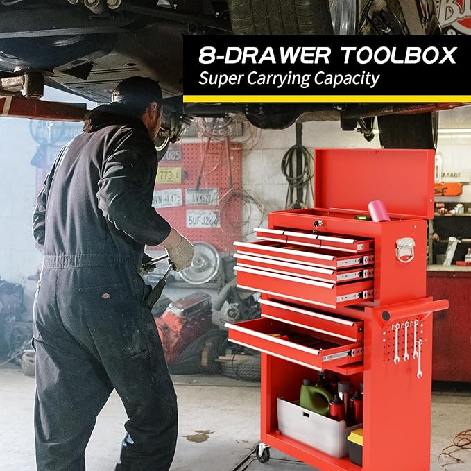 On Shine Rolling Tool Chest - 8 Drawer Large Capacity Metal Tool Box with Wheels, Locking Mechanisms; ideal for Garage, Workshop (Red)