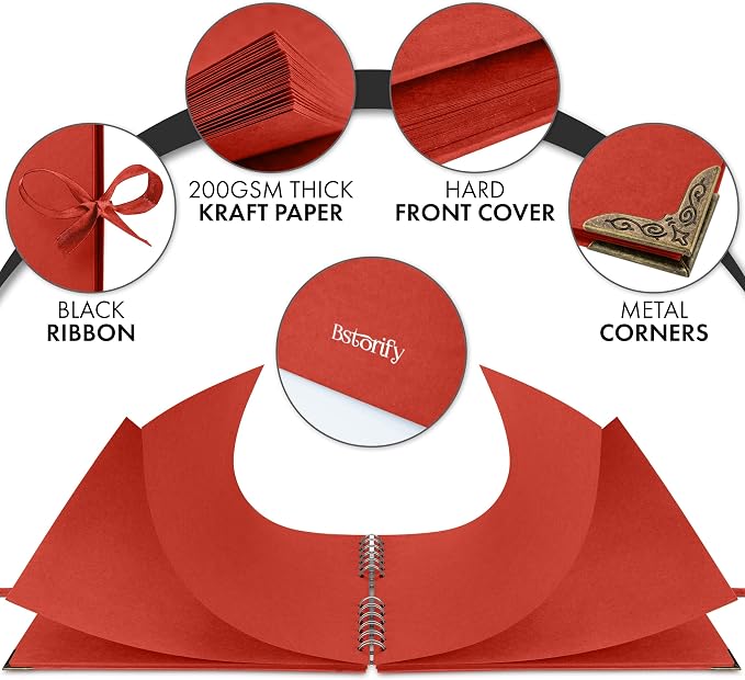 Bstorify Square Scrapbook Photo Albums 50 Pages Red Thick Paper, Ribbon Closure - Image 3