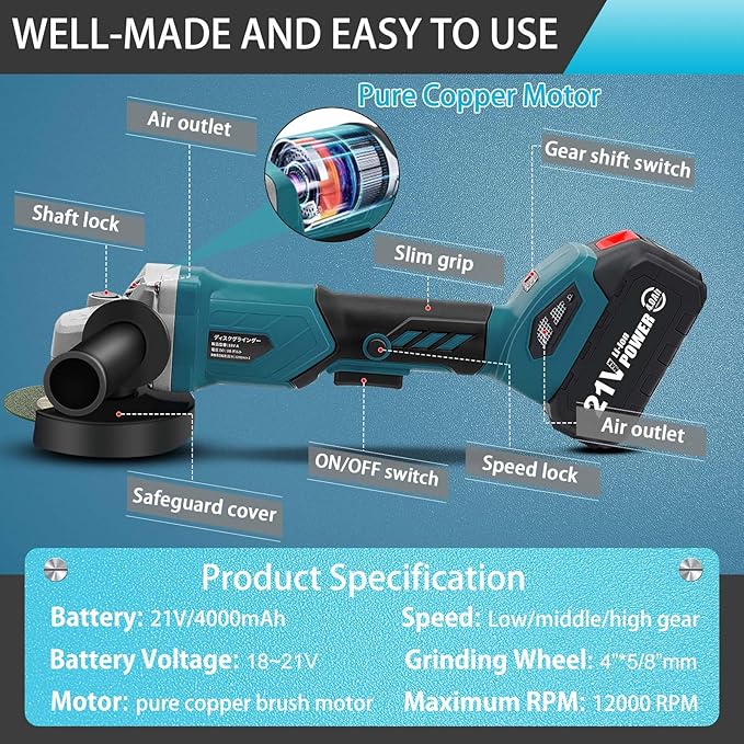 Angle Grinder, 4inch Cordless Angle Grinder, 18V/21V Grinder with 4000mAh Battery, 12000RMP Power Grinder Compatible with Makita Battery, Cutting/Deburring Grinder Tool