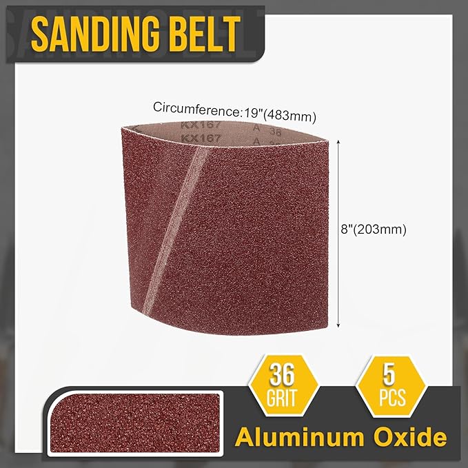 8 x 19 Inch Sanding Belt, 5 Pcs 36 Grit Knife Sharpener Belts Work Sharpening for Belt Sander Knife Carving Tool Metal Working