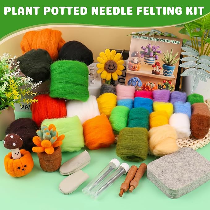 Needle Felting Kit for Beginners, 28 Colors Wool Roving DIY Succulent Plants - Image 3