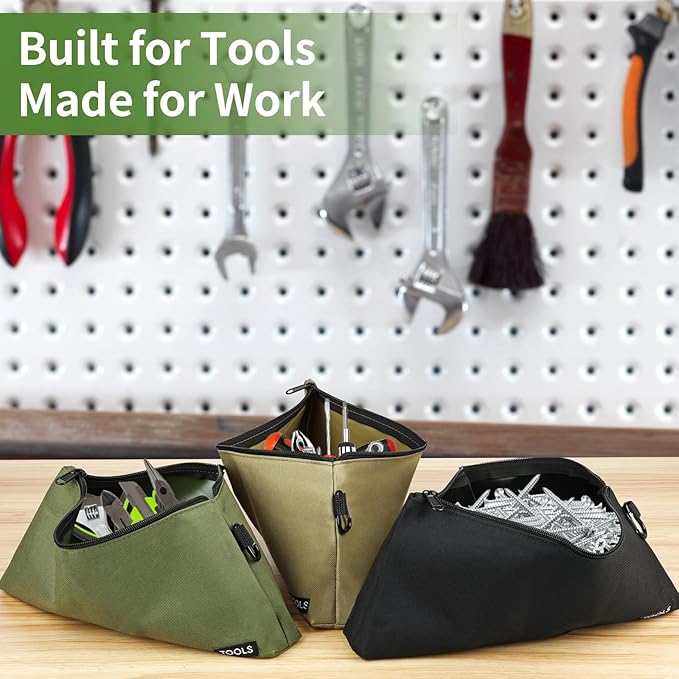 3 Pack Premium Tool Pouches Zipper Bag, 12 in Small Tools Bags with Carabiner, Heavy Duty Flat Bottom Utility Multipurpose Storage Organizer Bag for Tool, Stationary, Pencil (Tan, Navy Green, Black)