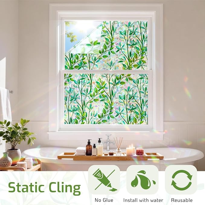 LUTE Stained Glass Window Privacy Film, Leaf Rainbow, 17.5" X 157.4" | No Glue - Image 6