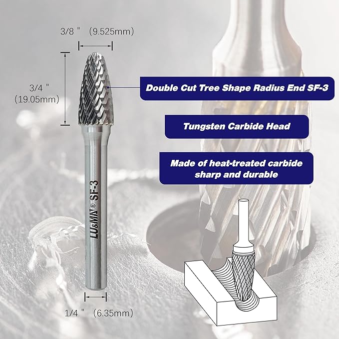 SF-3 Tungsten Carbide Burr Tree Shape Radius End Double Cut Rotary Burr File with 1/4'' Shank, 4pcs by LU&MN
