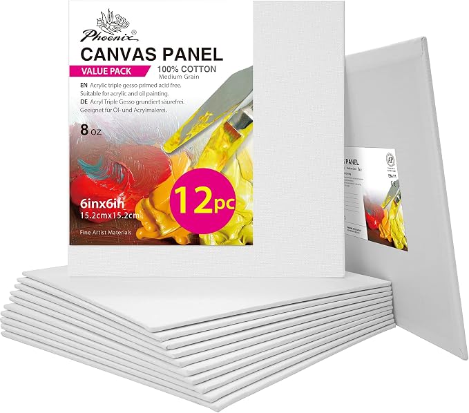PHOENIX Small Painting Canvas Panels 6x6 Inch, 12 Value Pack - 8 Oz Triple by PHOENIX