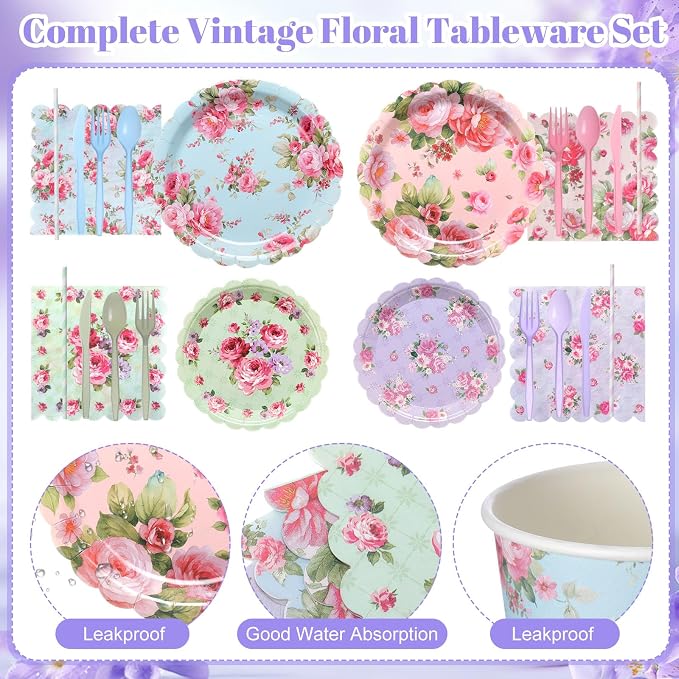450 Pcs Vintage Floral Tableware Set Tea Party Decorations Floral Paper Plates - Image 3