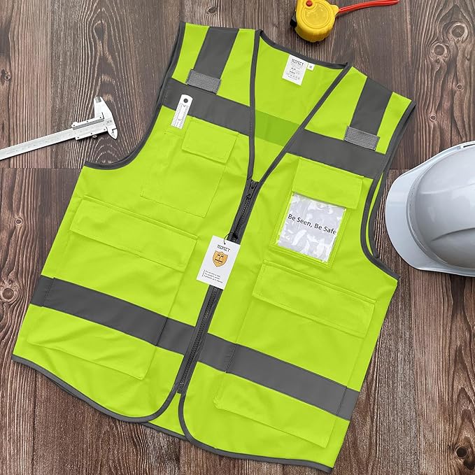 TCCFCCT Safety Vest for Men Women 5 Pockets Reflective Vest with Reinforced Zipper, High Visibility Construction Work Vest with Tabs for Walkie-talkie, Durable to Use, Meets ANSI/ISEA, Yellow, XXL