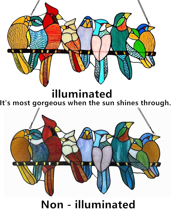 Stained Glass Birds Window Hangings, 9 Multicolor Stained Glass Birds on Branch - Image 3