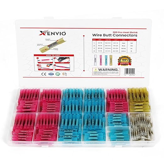 300PCS Heat Shrink Butt Connectors Kit - Xenvio Multi-Size Tinned Red Copper Marine Grade Electrical Wire Connectors – Waterproof Insulated Butt Splice for Cable, Cars, Boats & Wiring