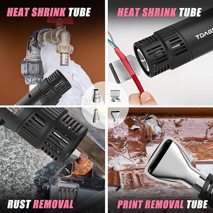 Heat Gun for crafting 1800W, 122℉~1202℉ Variable Temperature Control with 2-Temp Settings 4 Nozzles, 1.5s Fast Heating Mini Heat Gun for Resin, Shrink PVC Tubing/Crafts and Vinyl Wrap（Pink）