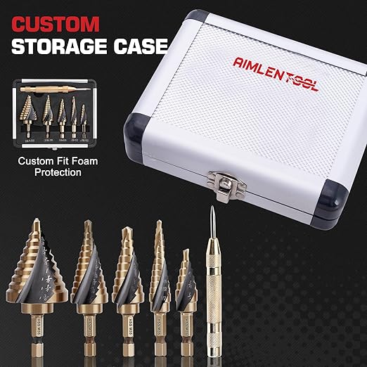 Cobalt Step Drill Bit Set, Hex Shank Step Drill Bit with Automatic Center Punch for Metal, Stainless Steel, Aluminum, Wood, and Plastic, Storage in Aluminum Case for DIY Lovers, 50 Sizes