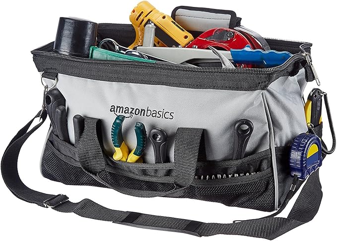 Amazon Basics Durable Wear-Resistant Base, Tool Large Standard Bag with Strap, 16 Inch, Black & Grey