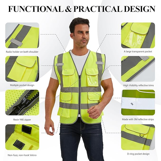 SIFE Reflective Safety Vest High Visibility Vest With 7 Pockets And YKK Zipper, ANSI/ISEA Class 2 Standard, Made With 3M Reflective Tape(03Y-Yellow Mesh,M)
