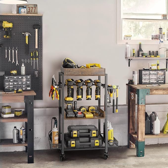 Power Tool Organizer Garage Storage Organization Shelving Tool Holder Drill Rack Shelf Rolling Cart Open Tool Chest Cabinet Box Organizer with Wheels Workshop Garage Gift Ideas for Men Dad