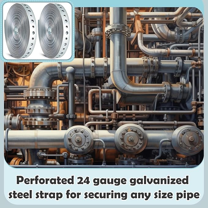 Gisafai 2 Rolls Galvanized Metal Pipe Strap 3/4 Inch x 50 ft 24 Gauge Total 100 ft Bendable Pipe Hanger Strap with Holes for Pipeline Supports Hanging, Flexible Trimming