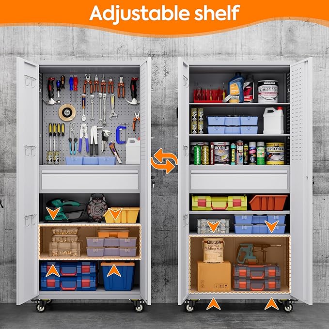 Metal Garage Storage Cabinet with Wheels and Lockable Doors, 71" H Rolling Tool Cabinet with Pegboard,Hooks and Drawer for Garage Warehouse Home,Required Assembly,Grey and White