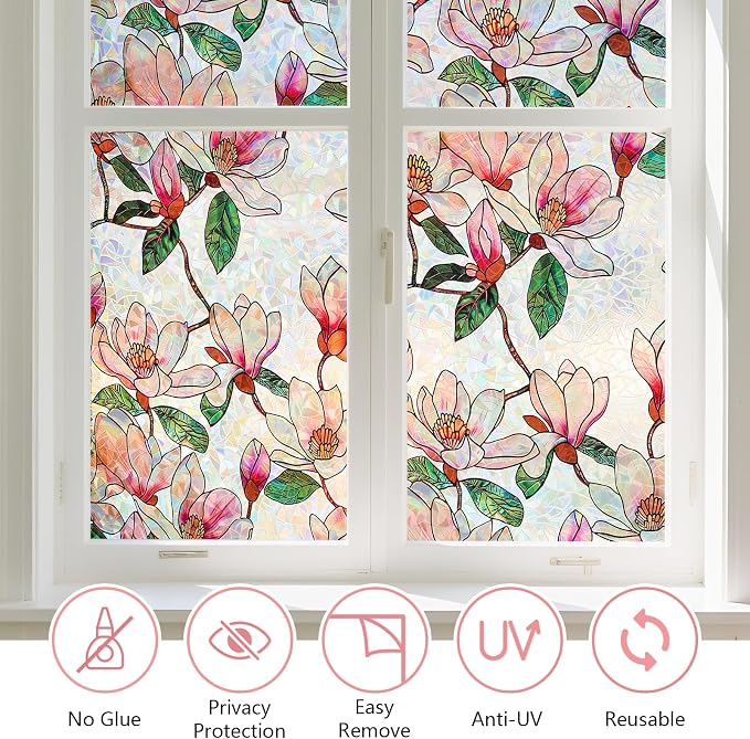 Kromapolis Window Privacy Film, Stained Glass Sticker Floral Window Clings - Image 4