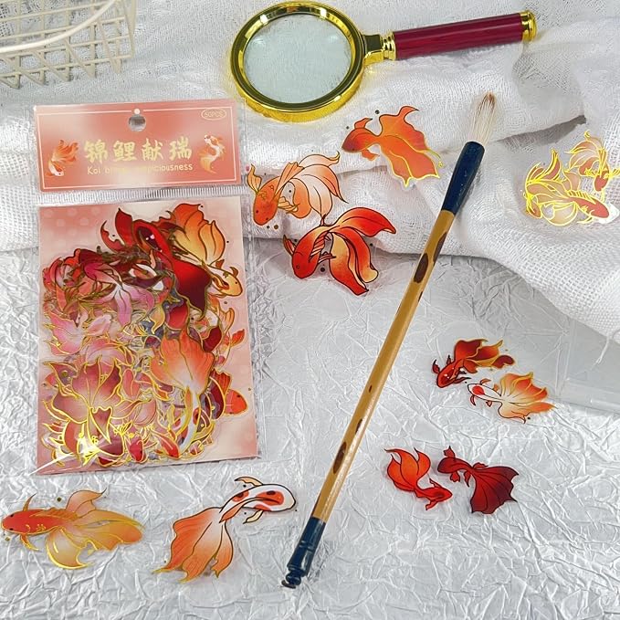 50PCS Gold Stamp Stickers Goldfish Aesthetic PET Travel Journal Decal - Image 3
