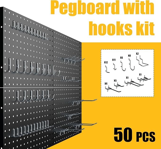Peg Board, 4 Pack Metal Pegboard Panels Black Pegboards Wall Organizer with Bent Frame Heavy Duty Peg Board for Walls Home, Garage Tool Storage, Office Organization, Craft Room, Kitchen