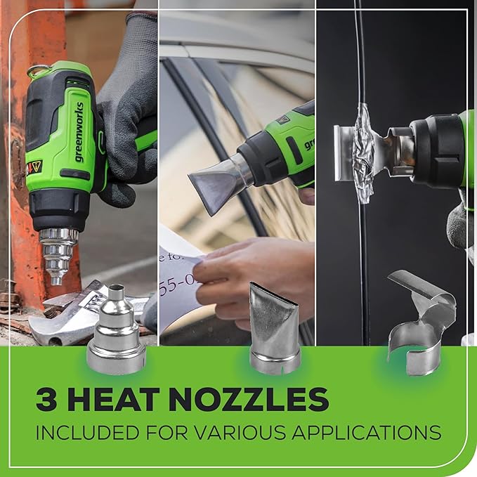 Greenworks 24V Cordless Heat Gun, Deflector Nozzle、Concentrator Nozzle And Flat Nozzle High Temperature Of 1000℉, Bare Tool