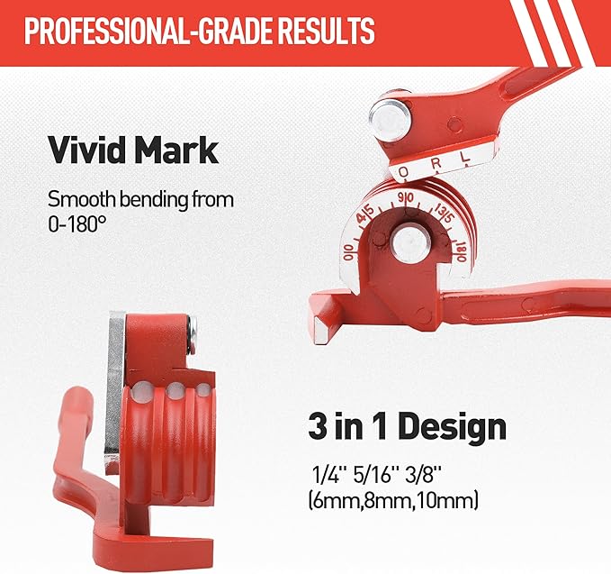 Tube Bender 3-in-1 Tubing Pipe Bender for Soft Copper, Aluminum, Metal, Pipe Bender 180° (1/4" 5/16" 3/8" Red)