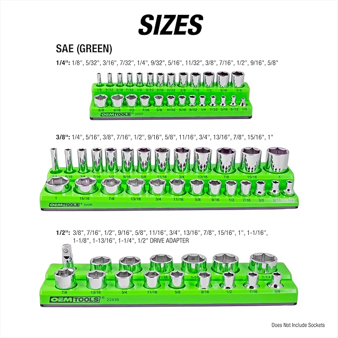 OEMTOOLS 22488 6 Pack Set Metric and SAE Magnetic Socket Tray Set, Black and Green Socket Organizers, 1/4, 3/8, 1/2 Inch Drive Socket Organizer Tray Set