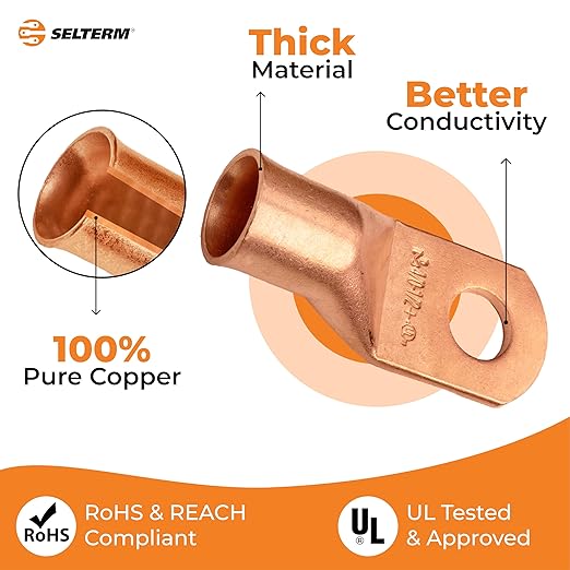 SELTERM 2pcs 4/0 AWG (XL) 1/2" Stud Copper Wire Lugs, Ring Terminals, Battery Cable Ends, 0000 Gauge Ring Terminal Connectors, UL Heavy Duty Bare Copper Eyelets