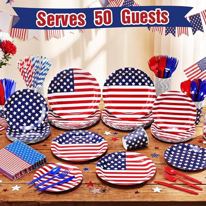 450 Pcs 4th of July Patriotic Tableware Set Decorations USA Red White Blue - Image 4