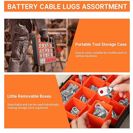 Kuject 220PCS Tinned Copper Wire Lugs Kit AWG 1 2 4 6 8 1/0 2/0 Gauge, Heavy Duty Battery Cable Lug Ends, Ring Terminal Connectors Assortment with 110PCS 3:1 Heat Shrink Tubing