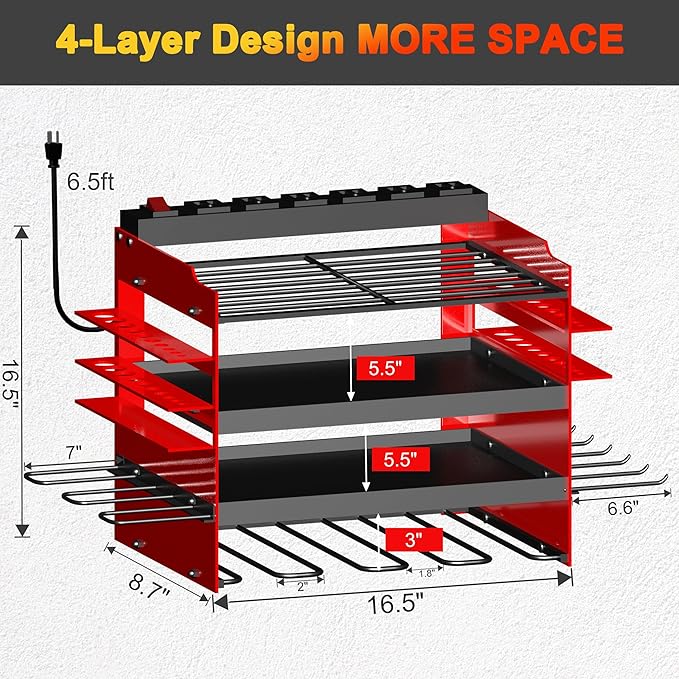 Homecor Power Tool Organizer Wall Mount with Charging Station, 4-Layer Drill Holder Heavy Duty Metal Storage Rack for Garage Organization Drill Storage Shelf, Fathers Day Dad Gifts for Dad Husband