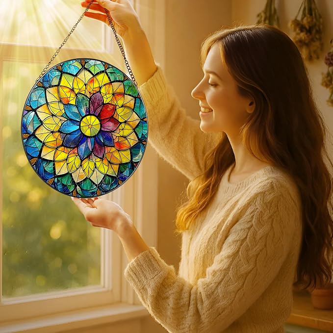 8'' Rainbow Mandala Sun Catcher Ornament, Stained Glass Window Hanging - Image 2
