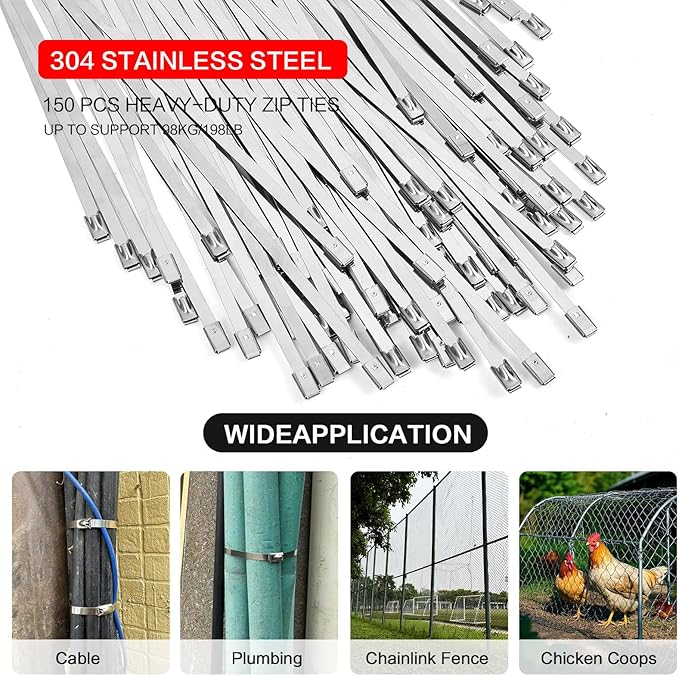Metal Zip Ties Gun Set-For Fastening And Cutting Tie Special Tool,With 150pcs Stainless Steel Zip Ties Heavy Duty Outdoor，For Chain Link Fence Parts, Wire Fence Rolls,Exhaust Wrap, Poultry Fence