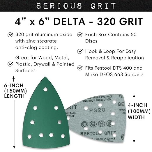 320 Grit 4" x 6" Delta (100mm x 150mm) Triangle Sanding Sheets - Fits Festool DTS 400 & Mirka DEOS Delta Sanders - Heavy-Duty Hook & Loop Film Sandpaper for Detail Sanders - 50 Pack Box
