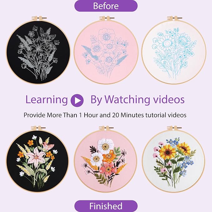 Uniartfy 3 Sets Embroidery Kit for Adults, Flower Pattern Embroidery Practice - Image 4