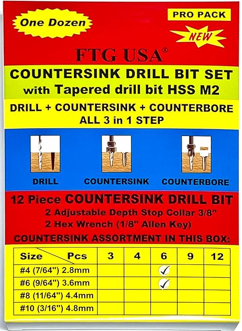 FTG USA Countersink Drill Bit Set 6 Pc #4 (7/64"), 6 Pc #6 (9/64") Tapered Countersink Bit, Stop Collar, Hex Wrench, Woodworking Countersink Drill Bits