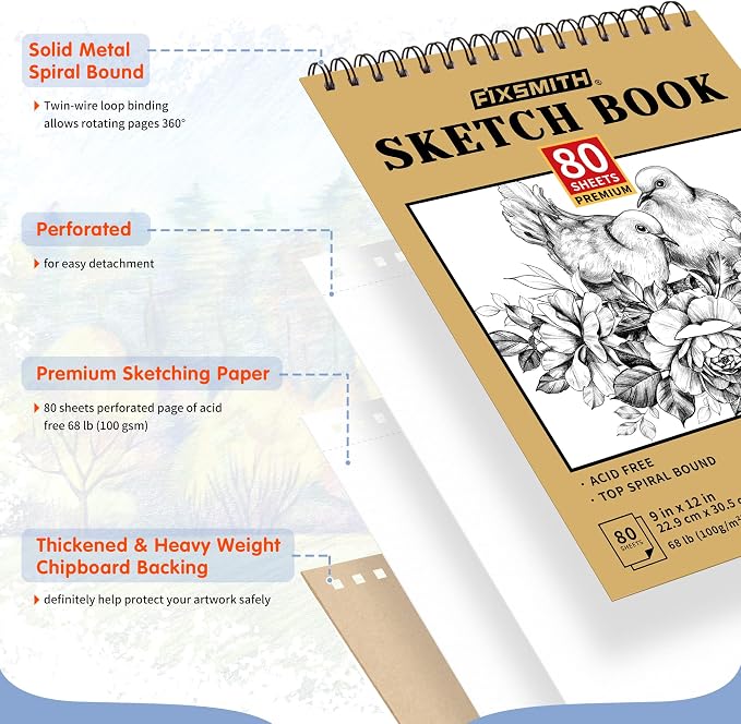 FIXSMITH 9"X12" Sketch Book | 160 Sheets | 2 Pack Sketchbooks | Top Spiral - Image 2