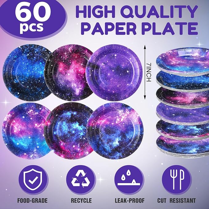 Funnymoom 60 Pcs 7 Inch Space Galaxy Paper Plates Outer Space Theme Birthday - Image 2
